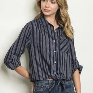 New Very J Shirt Blue Stripe Tie Front Top Cotton Button Front Women's M
